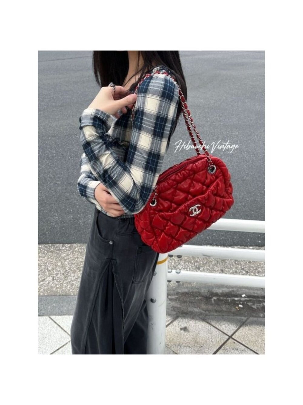Chanel CC Logo Bubble Quilt Chain Shoulder Bag Red Lambskin Vintage
